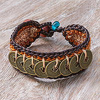 Beaded wristband bracelet, 'Earth Coins' - Warm-Toned Beaded Wristband Bracelet with Brass Coins