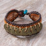 Beaded wristband bracelet, 'Earth Coins' - Warm-Toned Beaded Wristband Bracelet with Brass Coins