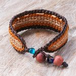 Beaded wristband bracelet, 'Earth Coins' - Warm-Toned Beaded Wristband Bracelet with Brass Coins