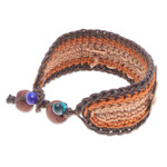 Beaded wristband bracelet, 'Earth Coins' - Warm-Toned Beaded Wristband Bracelet with Brass Coins