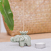 Celadon ceramic incense holder, 'Lotus Elephant' (single) - Elephant and Lotus Ceramic Incense Holder (Single)