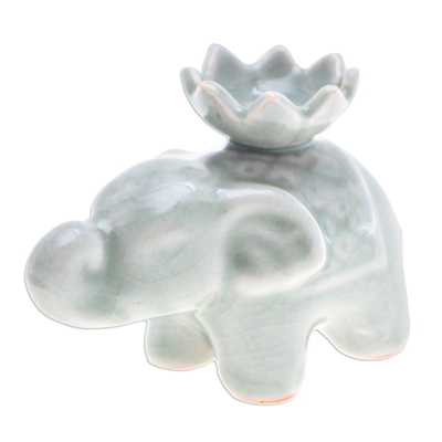 Celadon ceramic incense holder, 'Lotus Elephant' (single) - Elephant and Lotus Ceramic Incense Holder (Single)