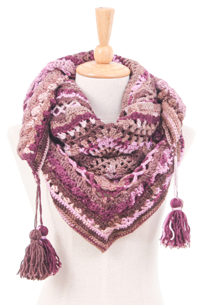 Knit capelet, 'Pink Feelings' - Handcrafted Pink and Brown Knit Acrylic Capelet with Tassels