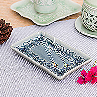 Celadon ceramic catchall, 'Floral Blue' - Handmade Floral-Themed Celadon Ceramic Catchall in Blue