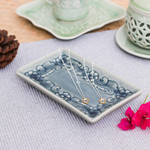 Celadon ceramic catchall, 'Floral Blue' - Handmade Floral-Themed Celadon Ceramic Catchall in Blue