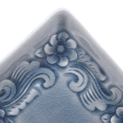 Celadon ceramic catchall, 'Floral Blue' - Handmade Floral-Themed Celadon Ceramic Catchall in Blue