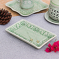 Celadon ceramic catchall, 'Floral Green' - Handmade Floral-Themed Celadon Ceramic Catchall in Green
