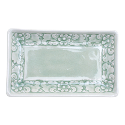 Celadon ceramic catchall, 'Floral Green' - Handmade Floral-Themed Celadon Ceramic Catchall in Green