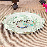 Celadon ceramic dessert plate, 'Elephant Parade' - Celadon Ceramic Elephant-Themed Dessert Plate in Green