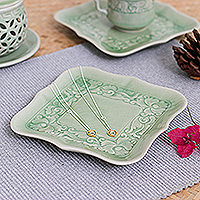 Celadon ceramic catchall, 'Green Allure' - Handmade Green Celadon Ceramic Catchall with Floral Motifs