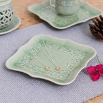 Celadon ceramic catchall, 'Green Allure' - Handmade Green Celadon Ceramic Catchall with Floral Motifs