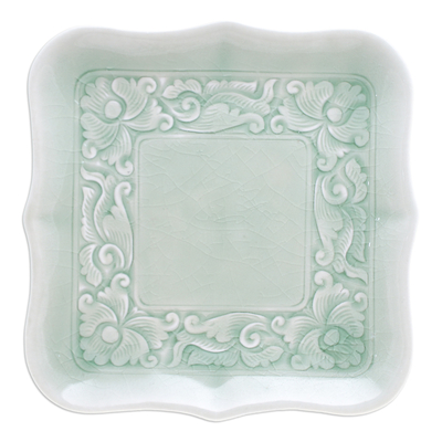 Celadon ceramic catchall, 'Green Allure' - Handmade Green Celadon Ceramic Catchall with Floral Motifs