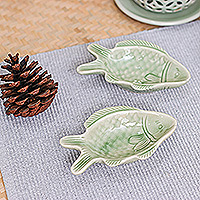 Celadon ceramic snack plates, 'Catch of the Day' (pair) - Pair of Celadon Ceramic Fish-Shaped Snack Plates in Green