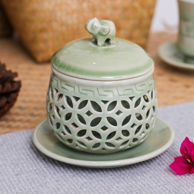 Celadon ceramic teacup set, 'Triumphant Elephant' - Green Celadon Ceramic Teacup Set with Saucer Strainer & Lid
