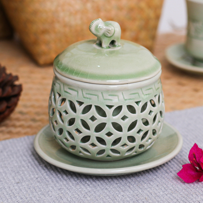 Juego de tazas de té de cerámica Celadon - Juego de tazas de té de cerámica verde celadón con platillo, colador y tapa