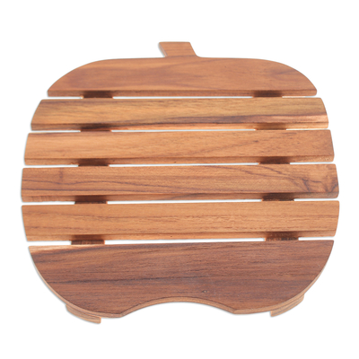 Wood pot stand, 'Fruitful Banquet' - Apple-Shaped Teak Wood Pot Stand Handcrafted in Thailand