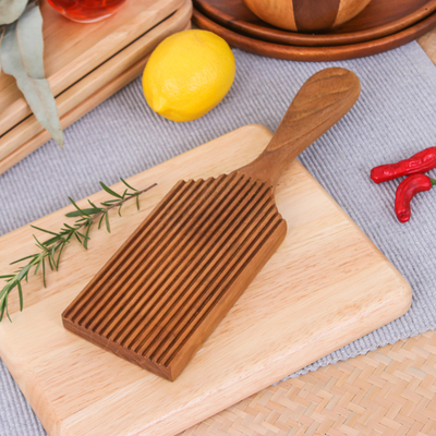 Wood gnocchi board, 'Home Traditions' - Handcrafted Brown Teak Wood Gnocchi Board from Thailand