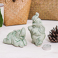 Celadon ceramic figurines, 'Green Elephant Joy' (pair) - 2 Green Celadon Ceramic Elephant Figurines from Thailand