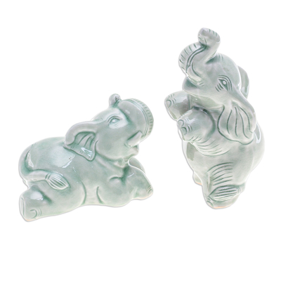 Celadon-Keramikfiguren, (Paar) - 2 Elefantenfiguren aus grünem Celadon-Keramikfiguren aus Thailand