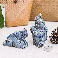 Celadon ceramic figurines, 'Blue Elephant Joy' (pair) - Pair of Celadon Ceramic Elephant Figurines in Blue