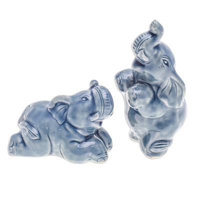 Figuritas de cerámica celadón, (par) - Par de figuras de elefantes de cerámica Celadon en azul