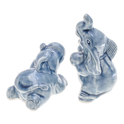 Figuritas de cerámica celadón, (par) - Par de figuras de elefantes de cerámica Celadon en azul