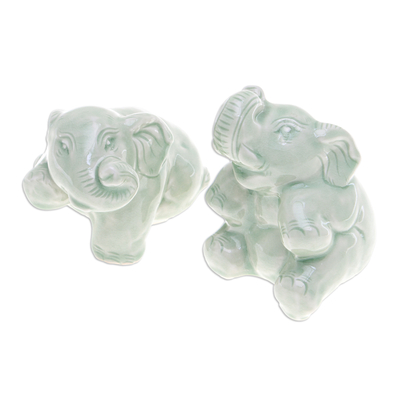 Figuritas de cerámica celadón, (par) - Par de Figuras de Elefante de Cerámica Celadon en Verde