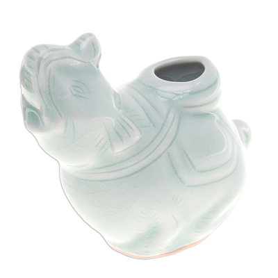 Celadon ceramic vase, 'Elephant Beauty' - Celadon Ceramic Vase of Elephant with Trunk Up from Thailand