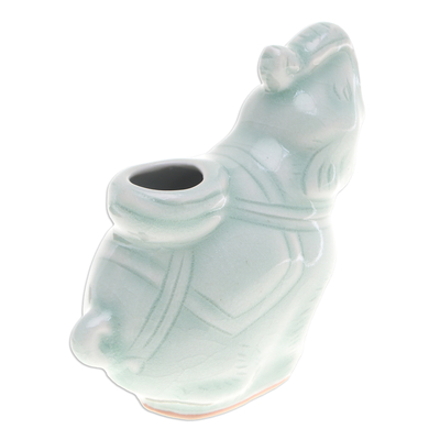 Celadon ceramic vase, 'Elephant Beauty' - Celadon Ceramic Vase of Elephant with Trunk Up from Thailand