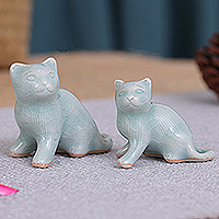 Celadon ceramic figurines, 'Cat Allure' (pair) - Pair of Celadon Ceramic Cat Figurines Handmade in Thailand