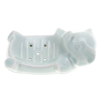Celadon ceramic soap dish, 'Elephant Wash' - Handcrafted Green Celadon Ceramic Elephant-Themed Soap Dish