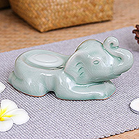 Celadon ceramic soap dish, 'Elephant Clean' - Handcrafted Celadon Ceramic Elephant Soap Dish in Green