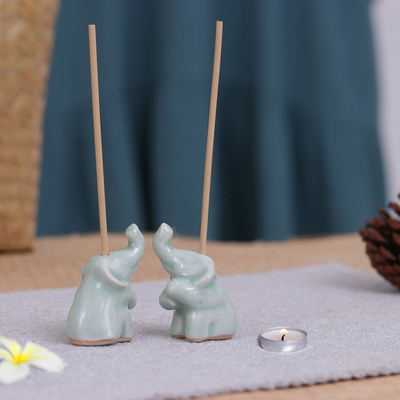 Celadon ceramic incense holder, 'Elephant Enchantment' - Pair of Elephant-Shaped Celadon Ceramic Incense Holders