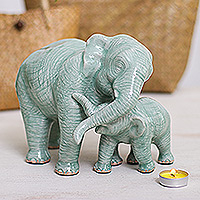 Celadon ceramic figurine, 'Elephant Love' - Handcrafted Celadon Ceramic Elephant Father and Son Figurine