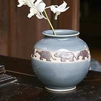 Celadon ceramic vase, 'Elephant Ring' - Celadon ceramic vase