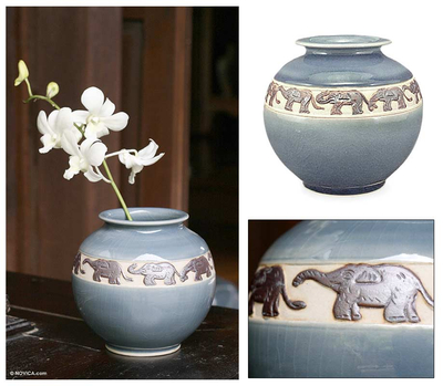 Celadon ceramic vase, 'Elephant Ring' - Celadon ceramic vase