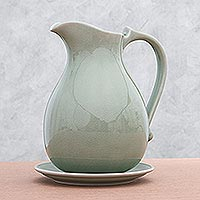 Celadon ceramic pitcher and plate, 'Classicism' - Celadon ceramic pitcher and plate