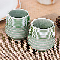 Ceramic cups, 'Green Evenings' (pair) - Pair of Handmade Green Ceramic Cups with a Crackled Finish