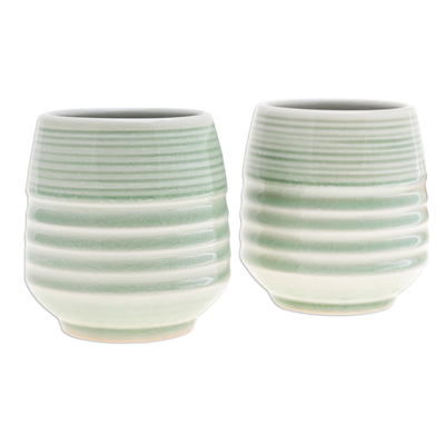 Tazas de cerámica, (par) - Par de tazas de cerámica verde hechas a mano con acabado craquelado