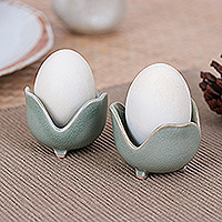 Ceramic egg cups, 'Green Tulips' (pair) - Pair of Handmade Green Ceramic Egg Cups in a Crackled Finish