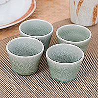 Ceramic tea cups, 'Green Moments' (set of 4) - Set of Four Handcrafted Crackled Green Ceramic Tea Cups