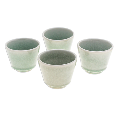 Ceramic tea cups, 'Green Moments' (set of 4) - Set of Four Handcrafted Crackled Green Ceramic Tea Cups