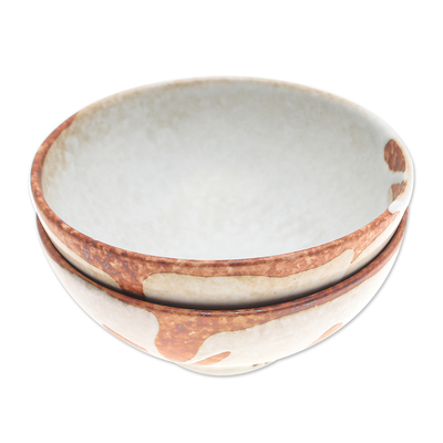 Ceramic dessert bowls, 'Forest Core' (pair) - Pair of Handcrafted Brown and Ivory Ceramic Dessert Bowls