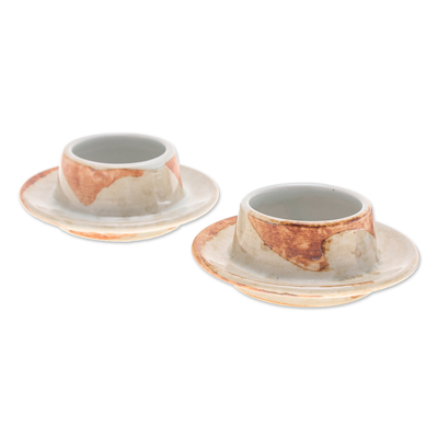 Ceramic butter dishes, 'Forest Core' (pair) - Pair of Handcrafted Brown and Ivory Ceramic Butter Dishes