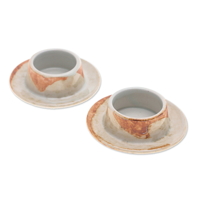 Ceramic butter dishes, 'Forest Core' (pair) - Pair of Handcrafted Brown and Ivory Ceramic Butter Dishes