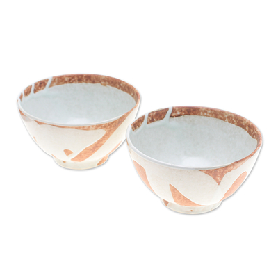 Ceramic soup bowls, 'Forest Core' (pair) - Pair of Handcrafted Brown and Ivory Ceramic Soup Bowls