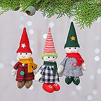 Felt ornaments, 'Festive Gnomes' (set of 3) - Set of Three Handmade Young Gnome Felt Ornaments