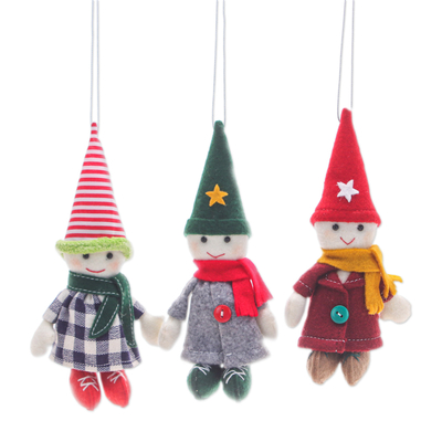 Felt ornaments, 'Festive Gnomes' (set of 3) - Set of Three Handmade Young Gnome Felt Ornaments