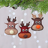 Felt ornaments, 'Reindeer Party' (set of 3) - Set of Three Brown and Red Felt Reindeer Ornaments