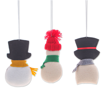 Felt ornaments, 'Snowy Gentlemen' (set of 3) - Set of Three Handcrafted Snowman Felt and Acrylic Ornaments
